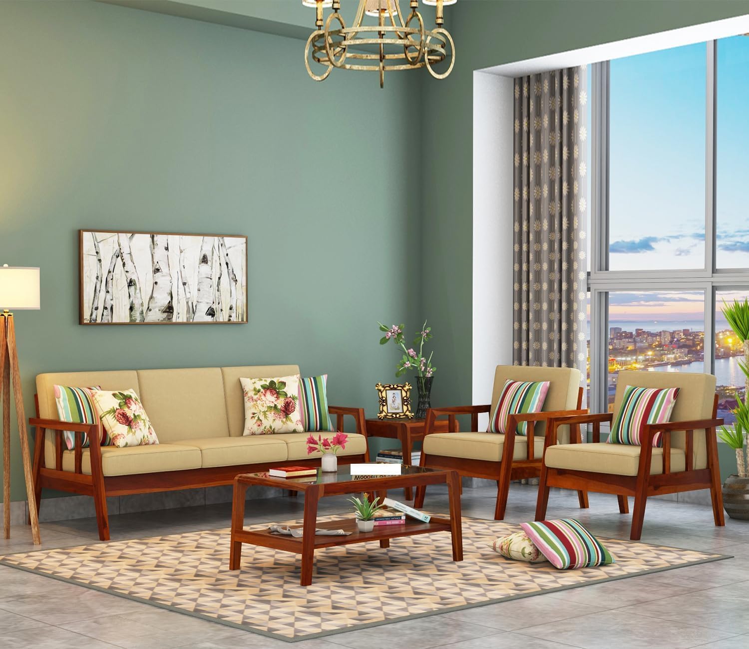 Solid Sheesham Wood 5 Seater Sofa Set for Living Room - Wooden Sofa Set 5 Seater Sofa Chair for Home & Office Furniture (Honey, Jack)