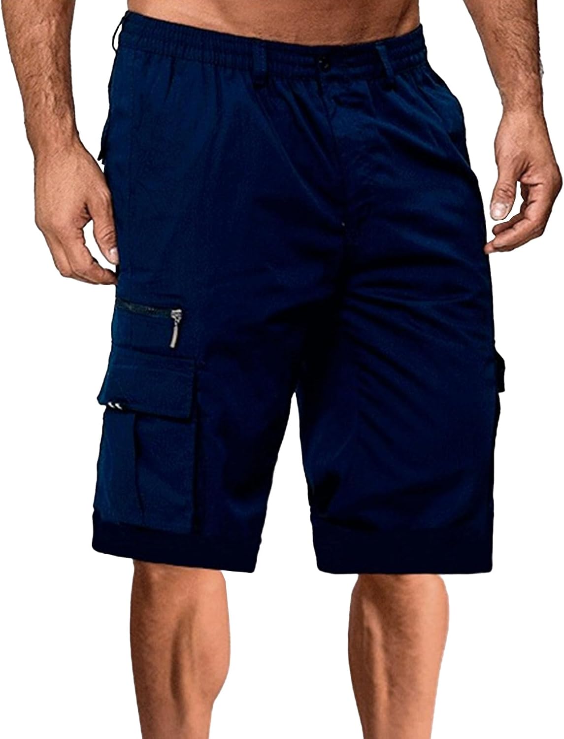 Mens Outdoor Elastic Waist Half Short Male Elastic Waist Trendy Cargo Shorts Men's Knee Length Multi-Pockets Shorts