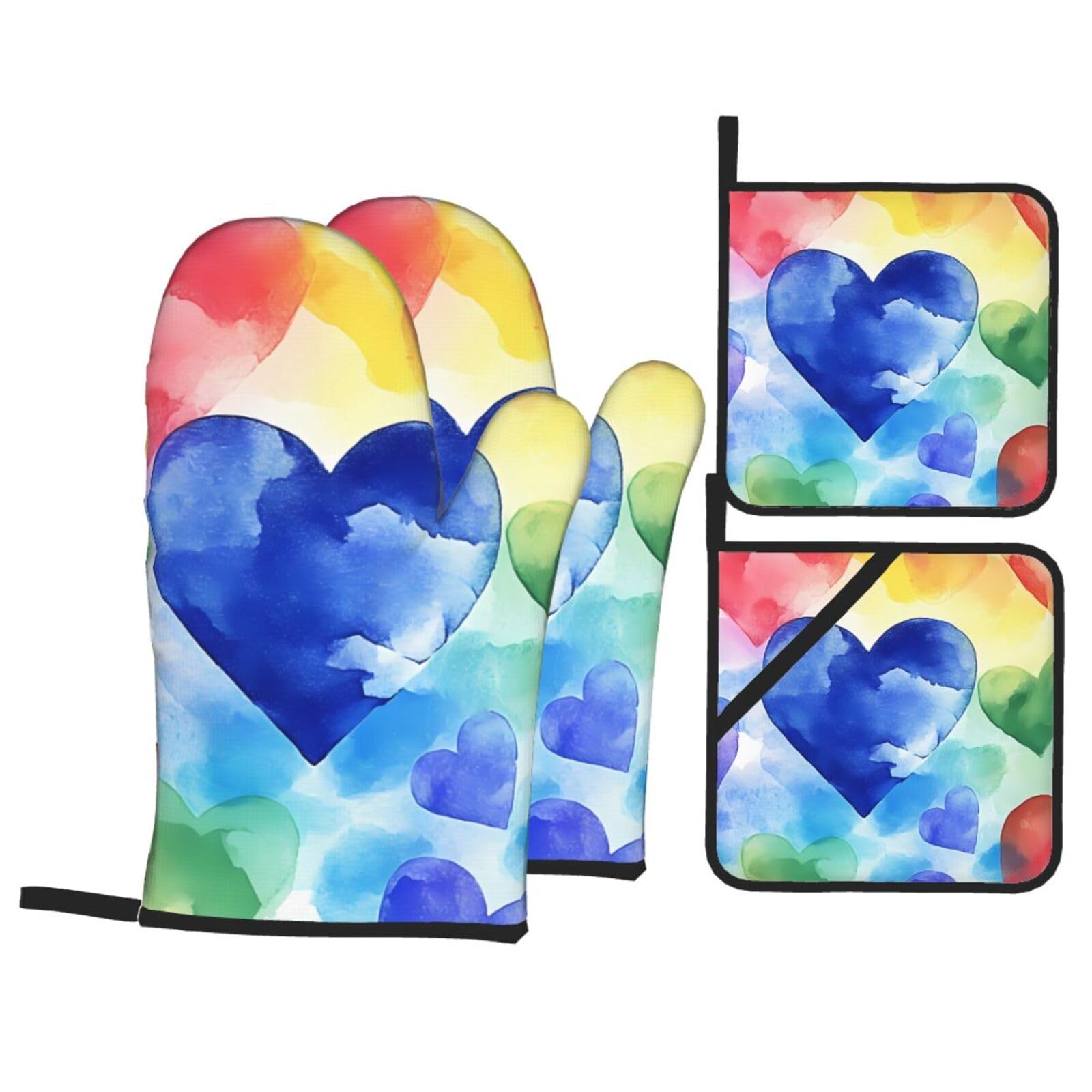Rainbow Hearts Heat Resistant Oven Gloves And Potholders Set Oven Gloves With Non-Slip Grip For Bbq, Baking, Cooking
