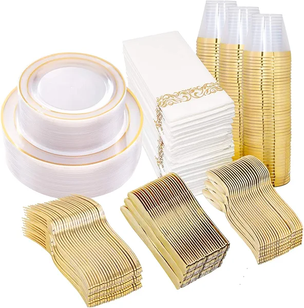 I00000 50 Guests Clear Gold Plastic Plates, Gold Disposable Dinnerware Set Includes: 100 Plastic Plates, 50 Silverware Set, 50 Disposable Cups, 50 Napkins Perfect for Party & Wedding