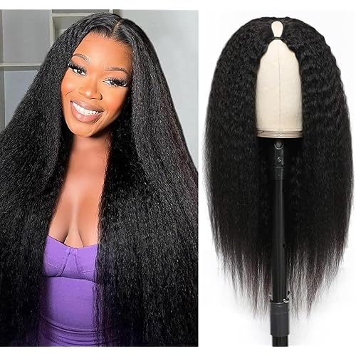 Larhali Kinky Straight V Part Wig Human Hair with Drawstring 200% Density Upgrade Glueless U Part Wig No Leave Out No Sew In V Part Wigs Kinky Straight Human Hair Wigs 18 Inch