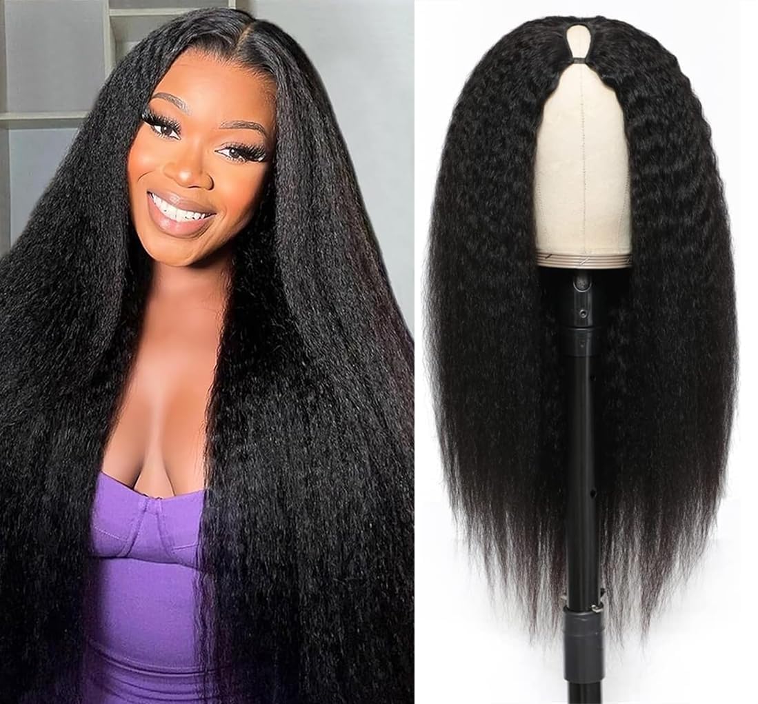 Larhali Kinky Straight V Part Wig Human Hair with Drawstring 200% Density Upgrade Glueless U Part Wig No Leave Out No Sew In V Part Wigs Kinky Straight Human Hair Wigs 18 Inch