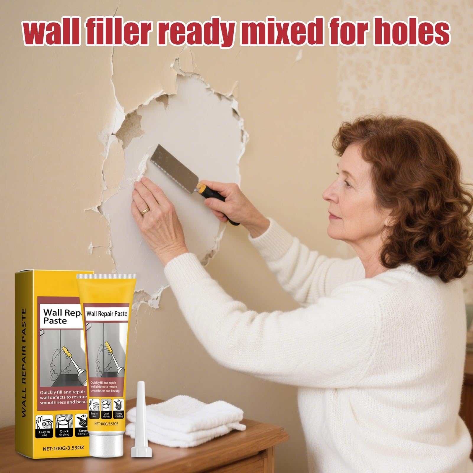 Hole Filler - 100g Quick Drying Wall Repair Paste, Ceiling & Drywall Crack, Putty, Easy DIY Patch Solution, Home Renovation for Bathroom, Balcony, Bedroom & Kitchen