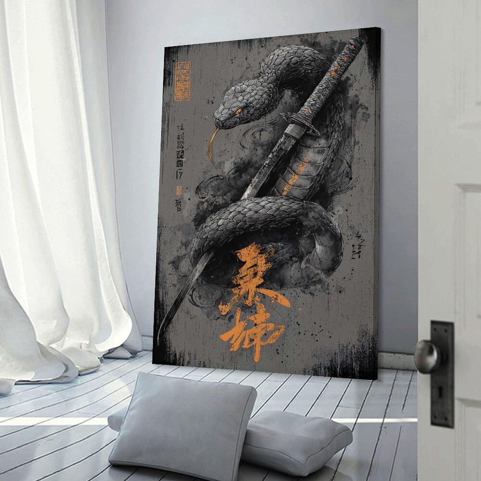 Junmoney Frame-Style-16 Snake And Katana Artwork Room Decor Wall Art, 24X36inch(60X90cm), For Living Room, Bedroom, Office Or Hallway, Decorative Artwork With Broad Appeal
