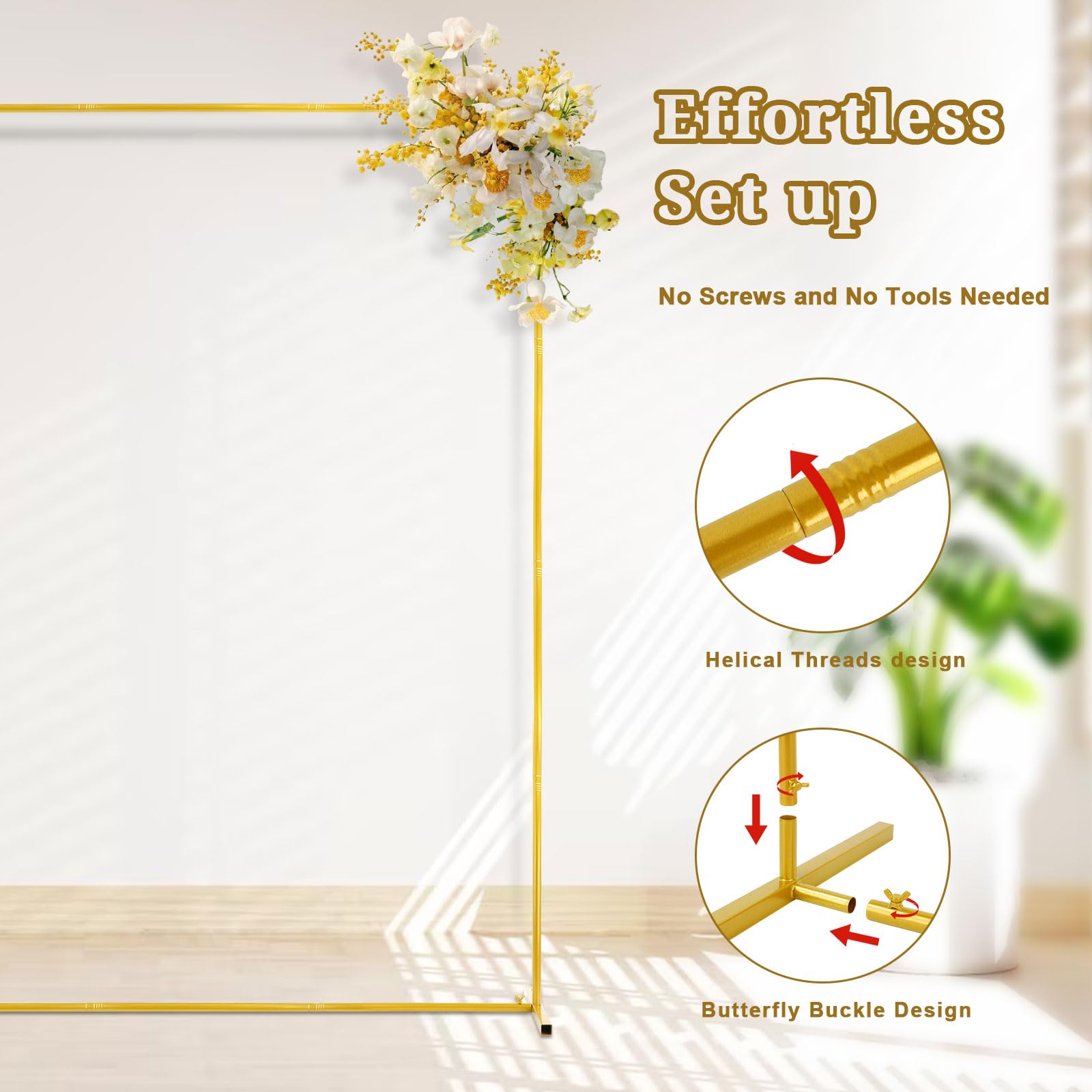 PlusFive Arco Quadrato per Matrimonio, 2 x 2m Supporto per Palloncini in Metallo, Arco per Palloncini Dorato Regolabile, Supporto da Terra in Metallo per Arco di Palloncini per Compleanno, Matrimonio
