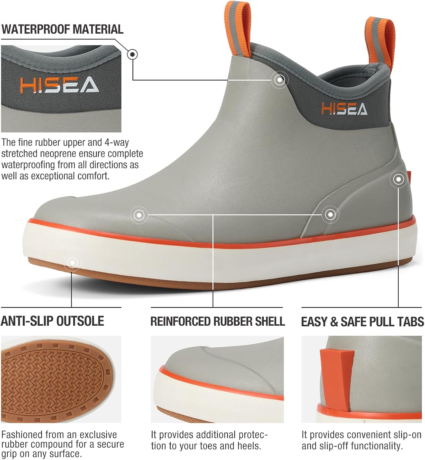 HISEA Men's Deck Boots, Wide Toe Mens Rain Boots Waterproof Fishing Boots Anti-Slip Ankle High Breathable Neoprene Lining Rubber Boots - Image 3