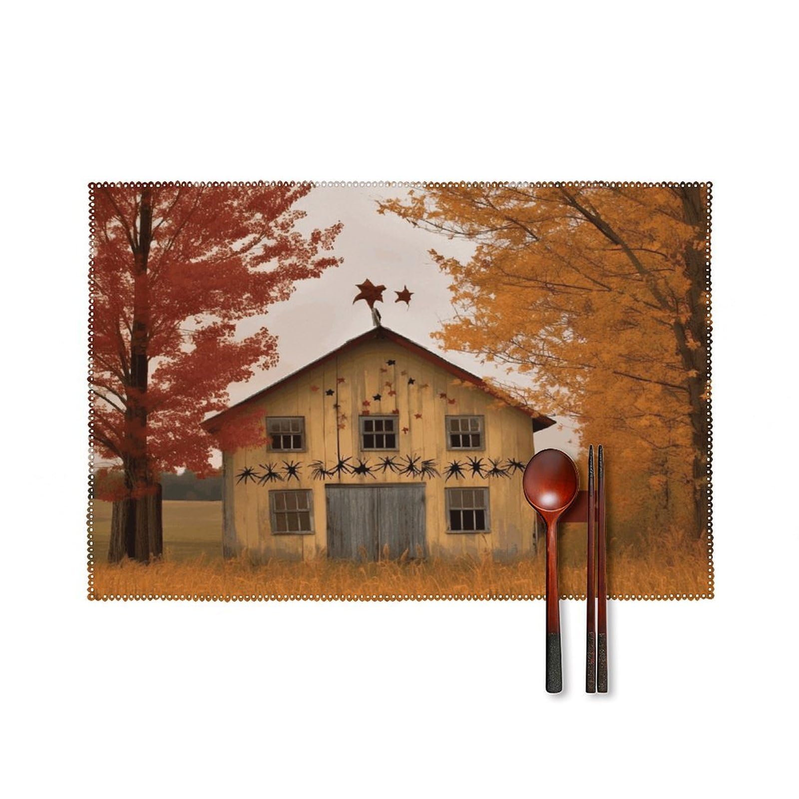 Fall Country Barn Placemats Set of 4 Heat Resistant Non-Slip Place Mats Reusable Dining Table Mats Canvas Place Mat Anti-Fading Waterproof Placemats for Dining Table Decor