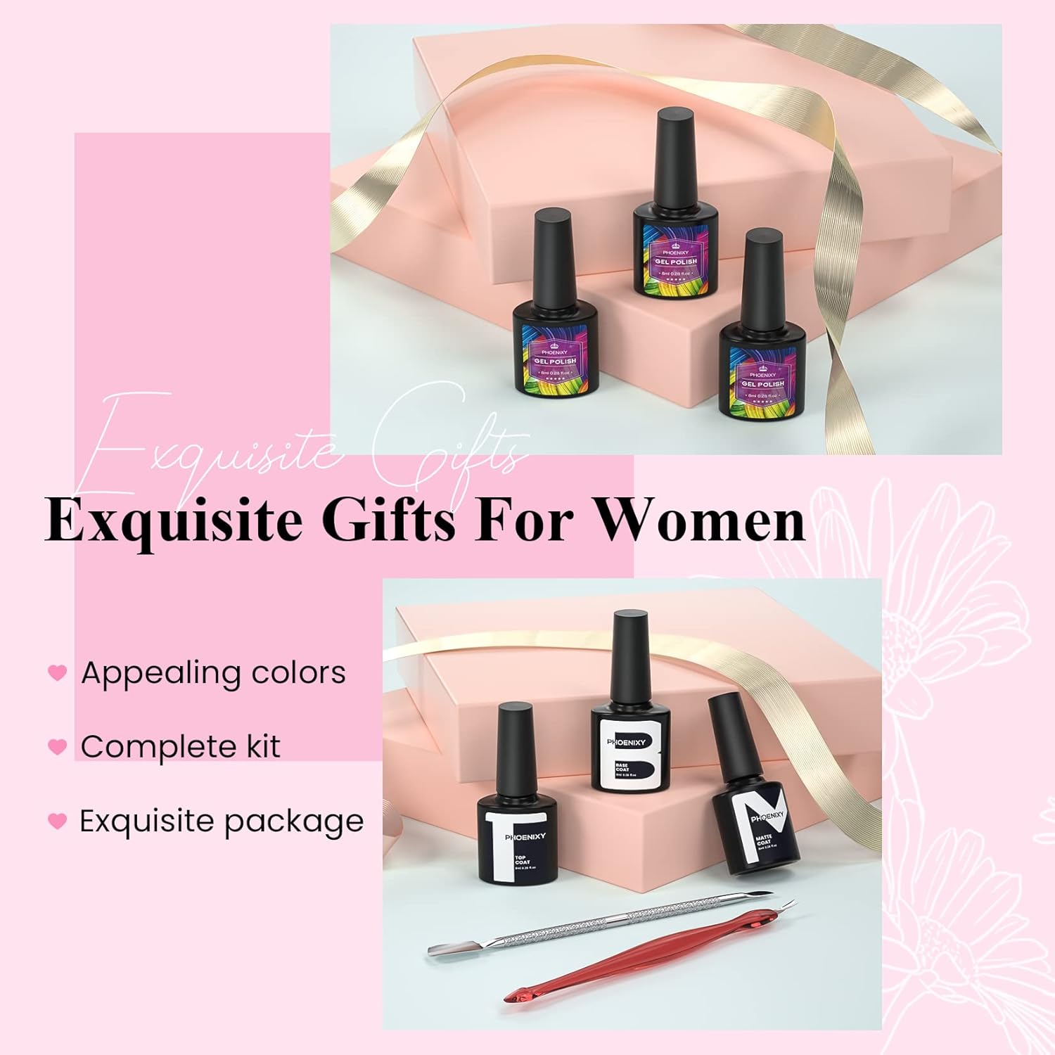 Phoenixy Gel Nail Polish Kit with U V Light, 36 PCS Gel Nail Kit Pink Red Brown Blue Green Nail Polish Set Manicure Starter Kit Gifts for Women
