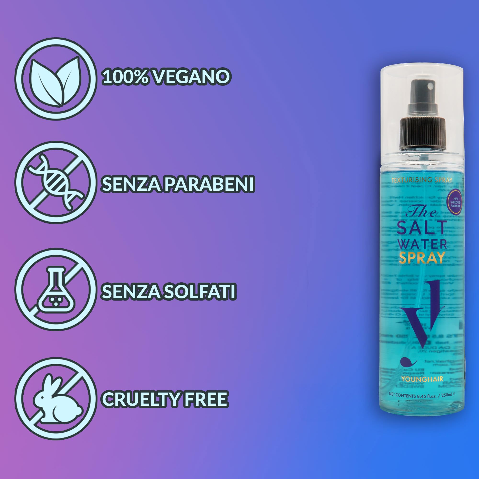 Spray Sale Marino per Capelli Younghair, Sea Salt Spray Beach Waves Effetto Onde Naturali, Volume e Texture per Capelli Mossi e Ricci, 250 ml