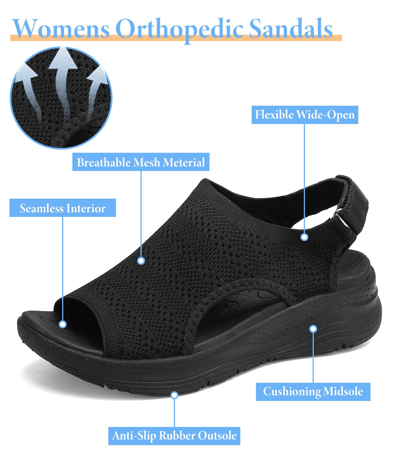 Orthopädische Damen-Sandalen mit Fußgewölbeunterstützung, offener Zehenbereich, verstellbarer Knöchelriemen