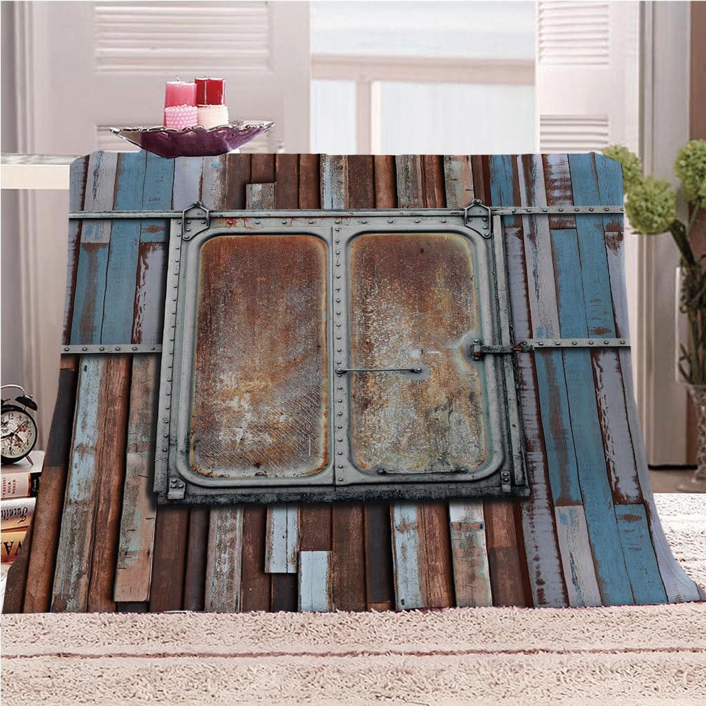 Manta De Franela De Microfibra 180X220Cm Manta De Felpa Suave Para Sofá Cama 3D Ventana De Metal En Mal Estado Retro Impresión Patrón Manta Polar Invierno Gruesa Y Esponjosa Caliente Transpirable