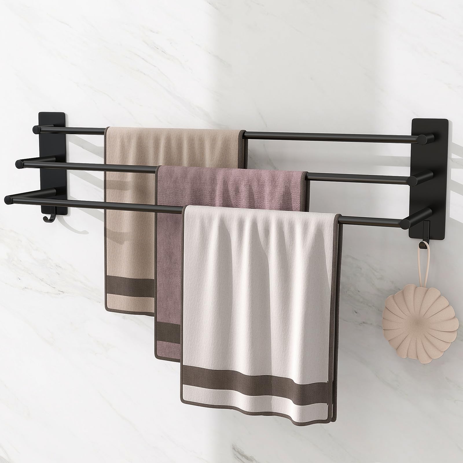 Vista Toallero sin taladrar, 3 niveles, 75 cm, acero inoxidable, autoadhesivo, toallero de pared, para dormitorio, cocina, salón, negro