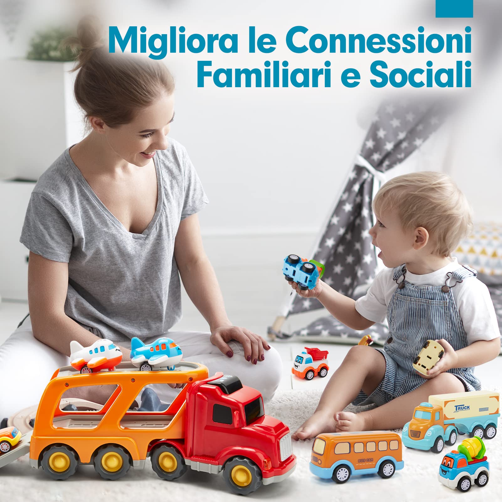 hahaland Camion Macchinine per Bambini 2 anni, 10 pezzi Cars Macchinine con Suoni e Luci, Camion Giocattolo Gioco Bambino 1 2 3 anni