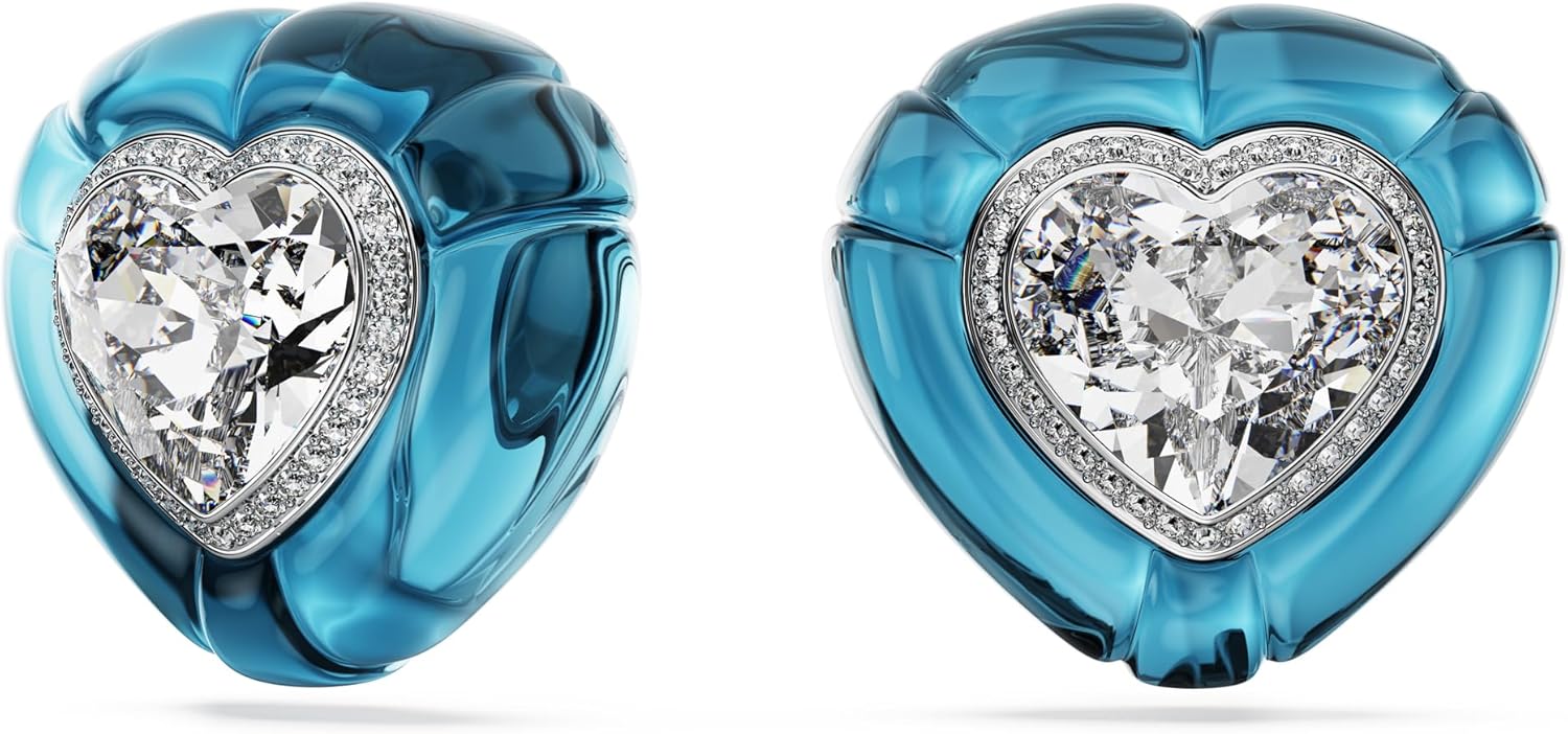 Swarovski Dulcis clip earrings, Heart cut, Pavé, Heart, Blue, Rhodium finish