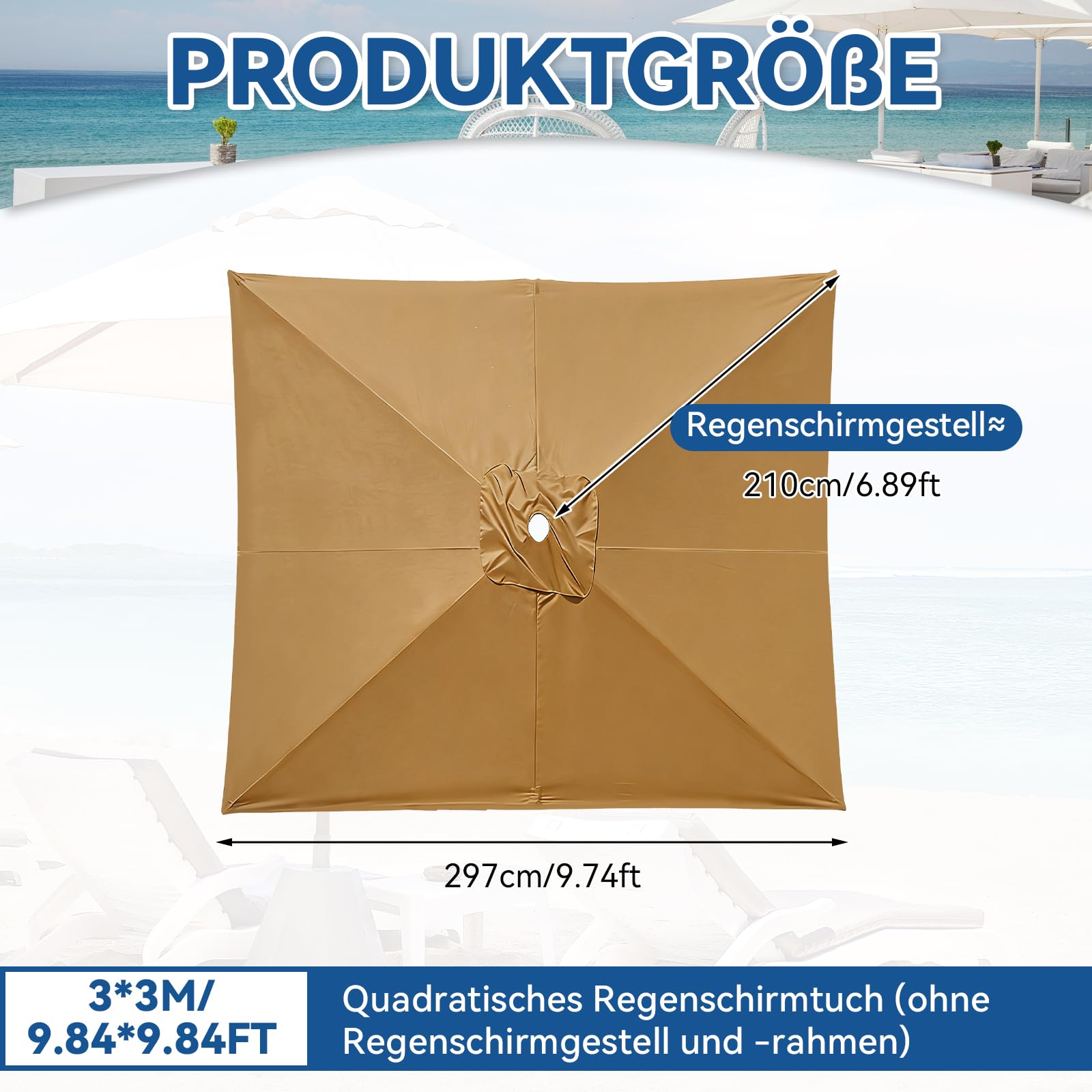 Toldo de Recambio de Sombrilla 3x3m Cuadrada para 6 Varillas, Tela de Repuesto de Poliéster para Parasol de Jardín y Terraza, Cubierta con Protección UV30+