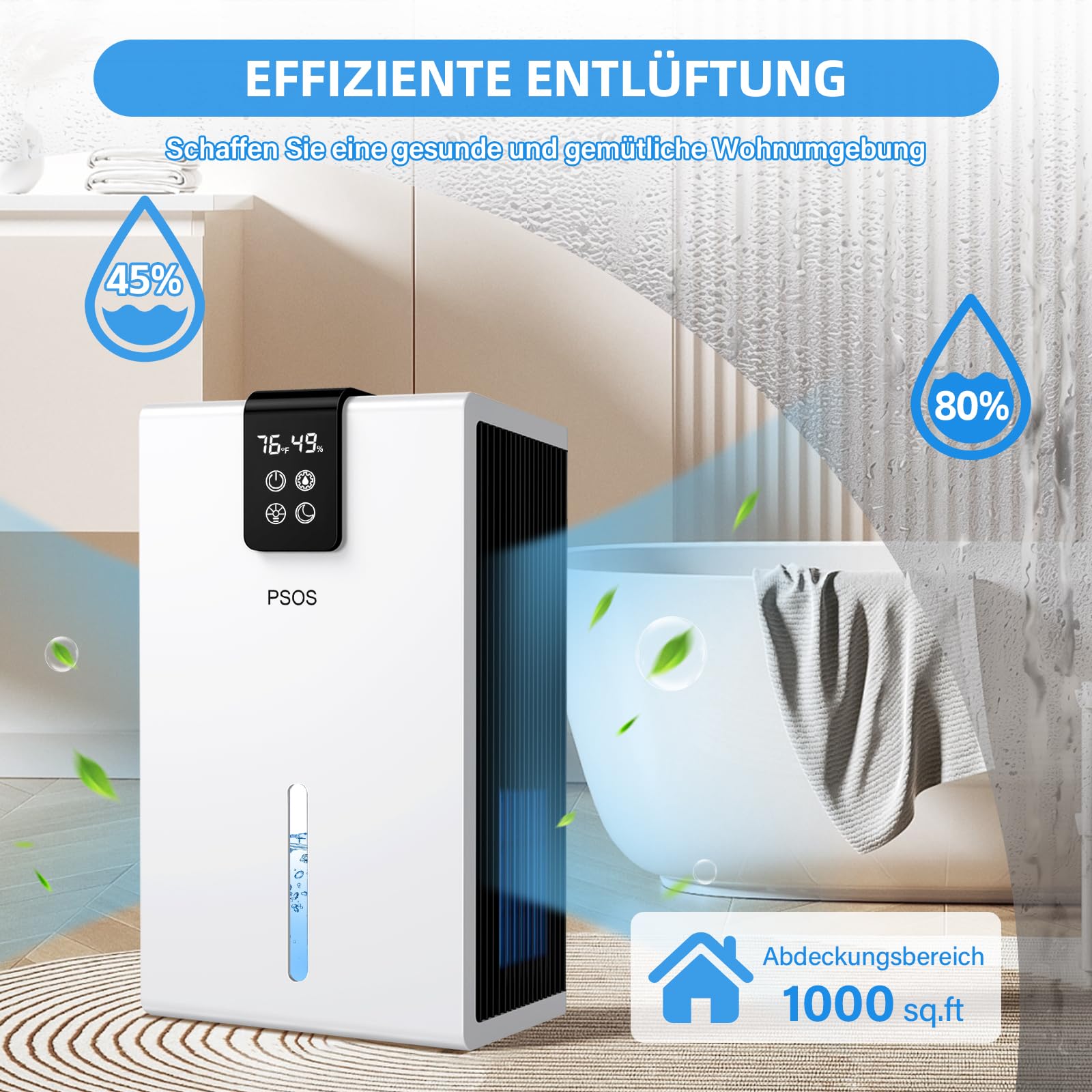 PSOS Luftentfeuchter, 2800ML Elektrischer Luftentfeuchter mit Ultra-Leise Automatischer Abschaltung, 7 Farben Licht Entfeuchter für Keller Badezimmer, Raumentfeuchter Dehumidifier für Schlafzimmer