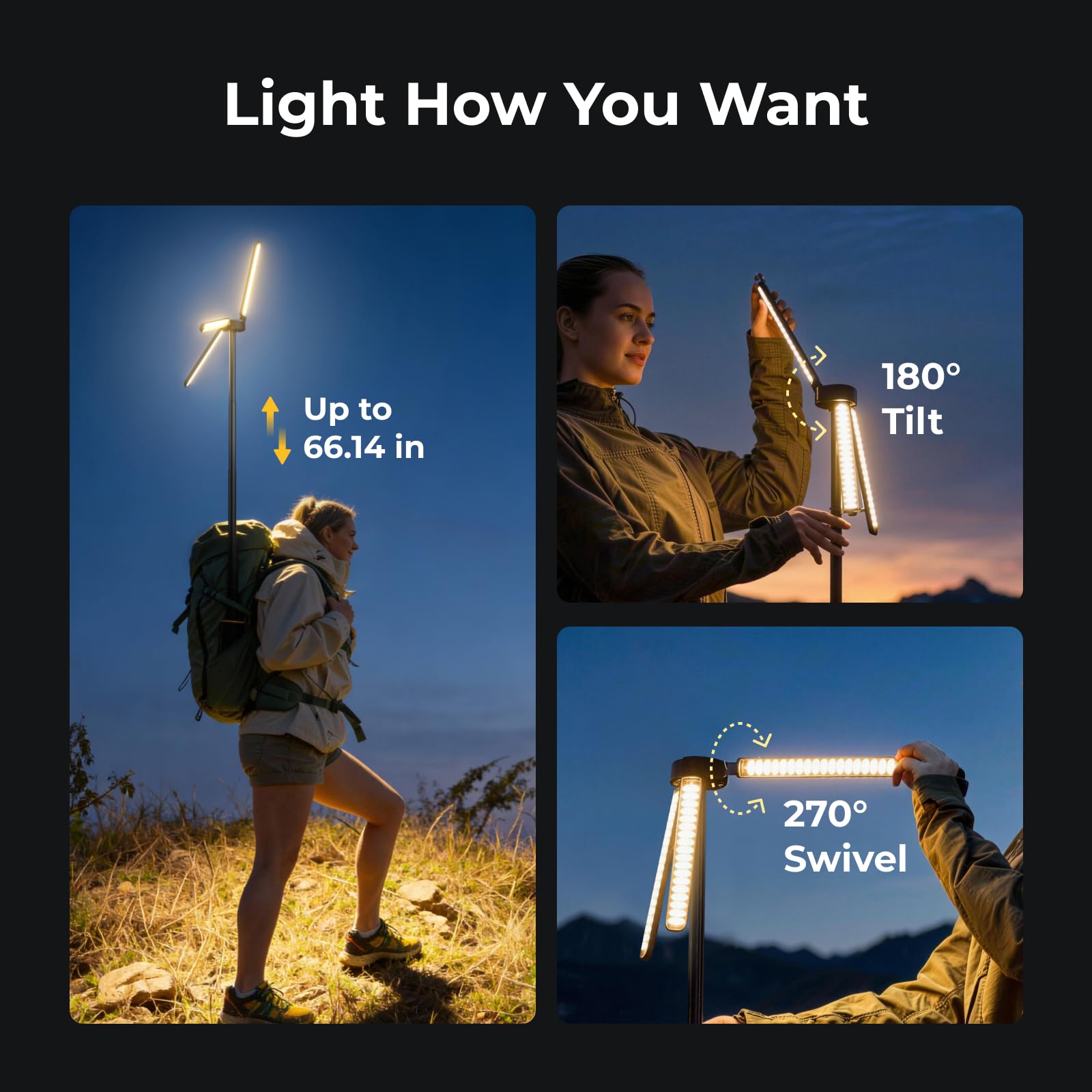 BougeRV T1 Lampe de Camping Rechargeable 15600mAh, 3000 LM, Lanterne Télescopique 1,68 m, Hauteur et Angle Réglables, Charge Rapide 2,5h, Étanche IPX5, Éclairage pour Camping, Chantier, Survie, Voyage