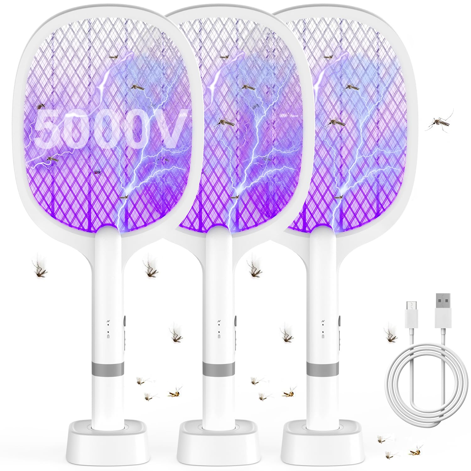 Electric Fly Swatter Racchetta Zanzare Elettrica 5000V 1800mAh con USB Ricaricabile e LED 2 in 1 con Base Recargable, LED Trappola per Zanzare para Uso en Interiores y al Aire Libre (3 pezzi)