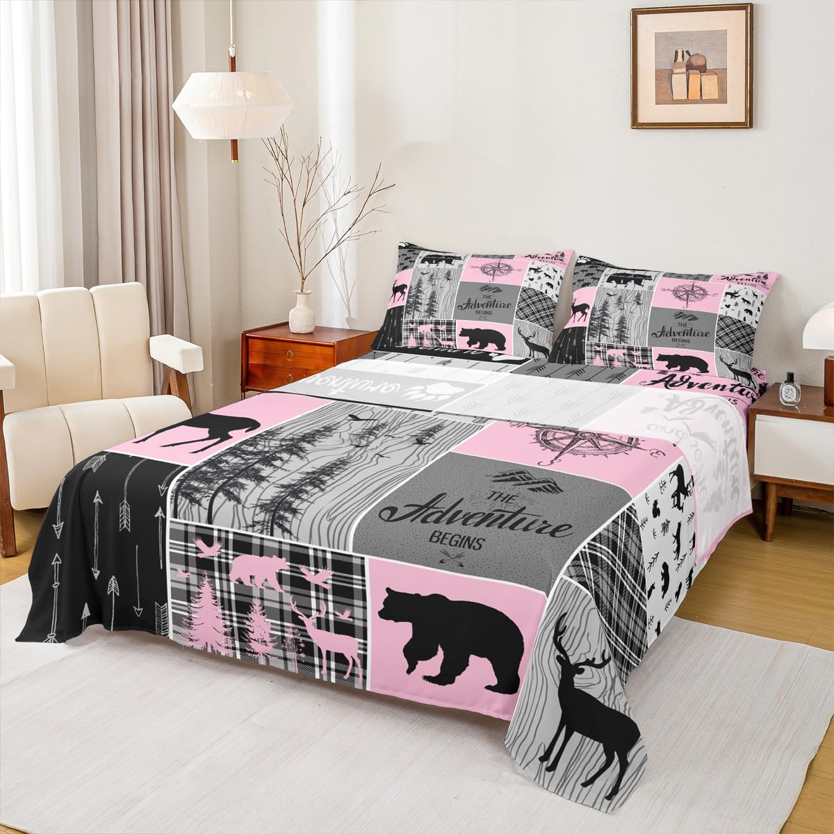 Erosebridal Retro Cabin Rustic Sheets for Bedroom Decor Farmhouse Lodge Bear Sheet Set Queen Size Hunting Wild Animal