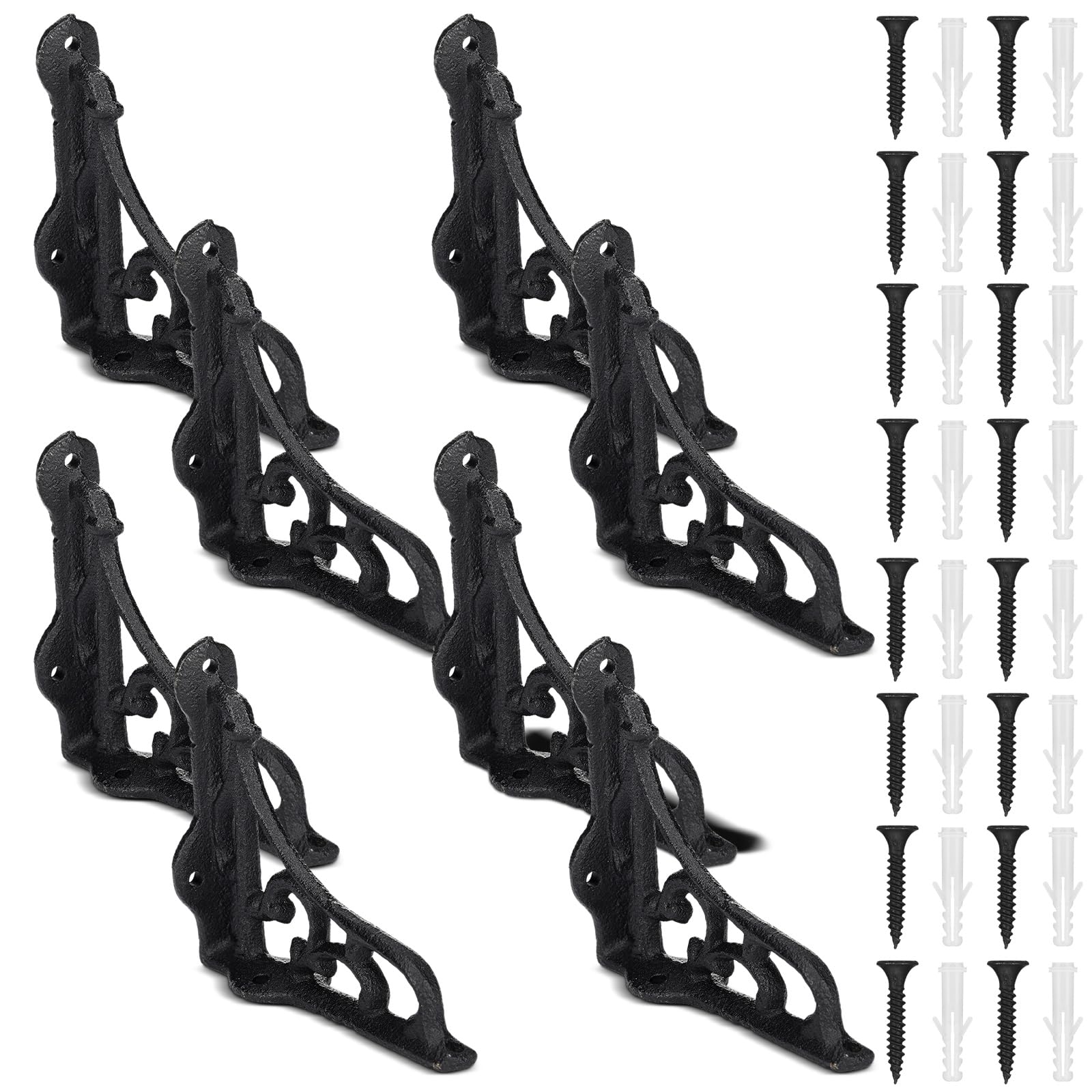 Otoolling 8 Pack 4-1/8 x 3-5/8 Black Antique Shelf Brackets Decorative L Cast Iron Shelf Bracket Brace Heavy Duty Wall Mounted Floating Rustic Vintage Baroque for Farmhouse DIY โ image 1