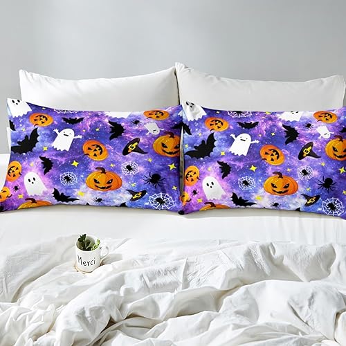 Miniatura 8 de Manfei Juego de funda de edredón de Halloween, tamaño matrimonial, con temática de galaxia, calabaza, farol, fantasmas, con 2 fundas de almohada,