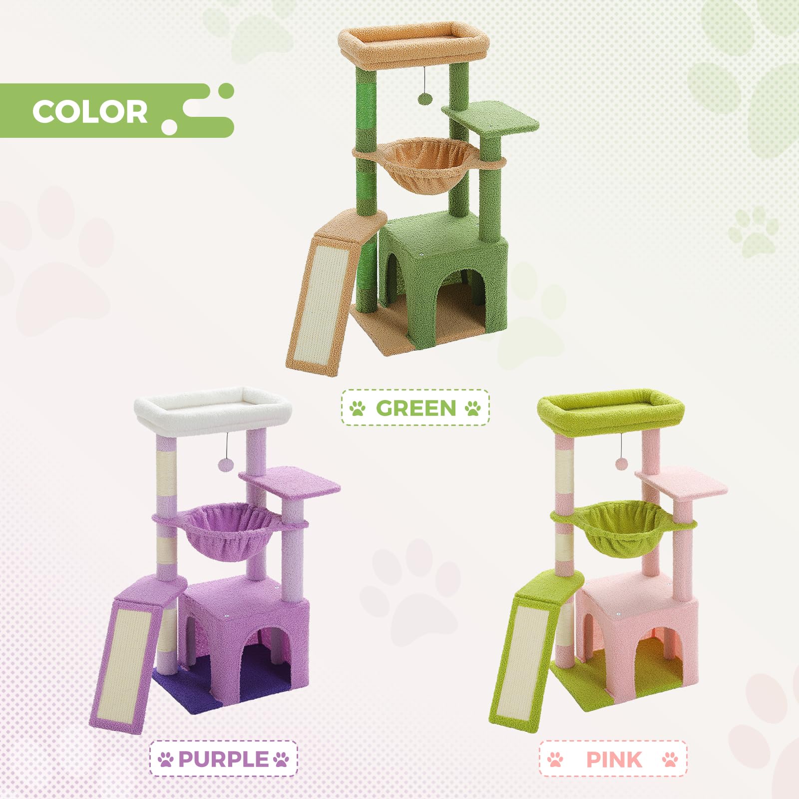 PAWZ Road, Struttura ad albero per gatti, da interni, con spaziosa cuccia, 1 piano in sisal, 3 pali tiragraffi, grande amaca e trespolo, 90 cm, verde