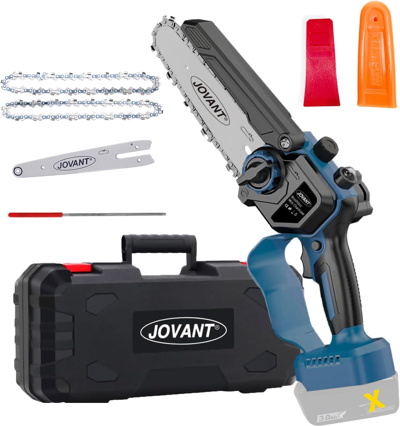 Mini Chainsaw Cordless Compatible for Jovant Batteries (No Battery), Electric Chainsaw with Logging Wedge For Tree Trimming Wood Cutting (2 Chains) (Tools Only)