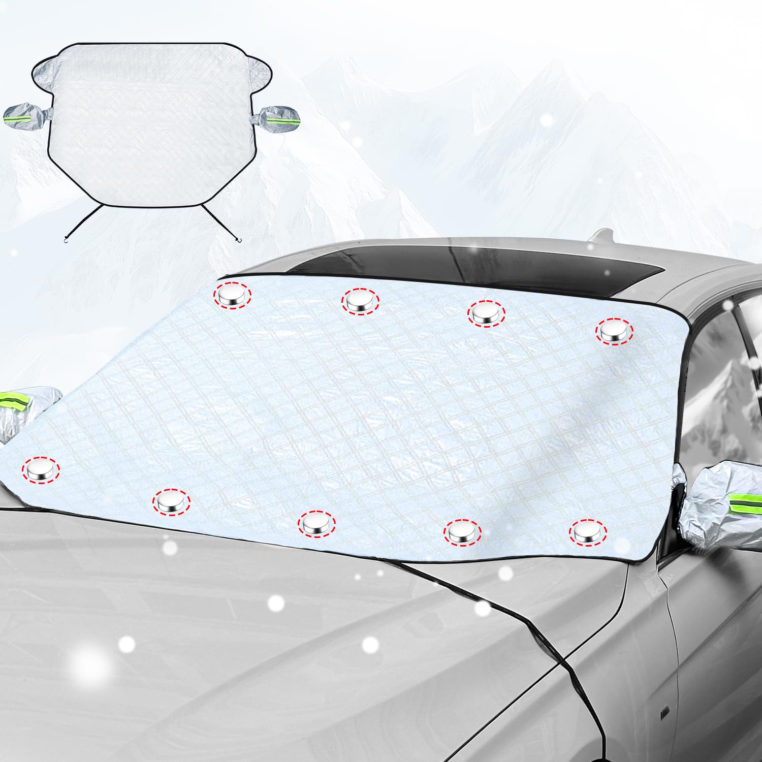 Bache Voiture Dégivreur Pare Brise et Rétroviseurs Latéraux, 5couches Protection Pare Brise Hiver for SUV, Camping-cars, Camionnettes et Camions, Bache Protection Voiture et Sangle D'accrochage