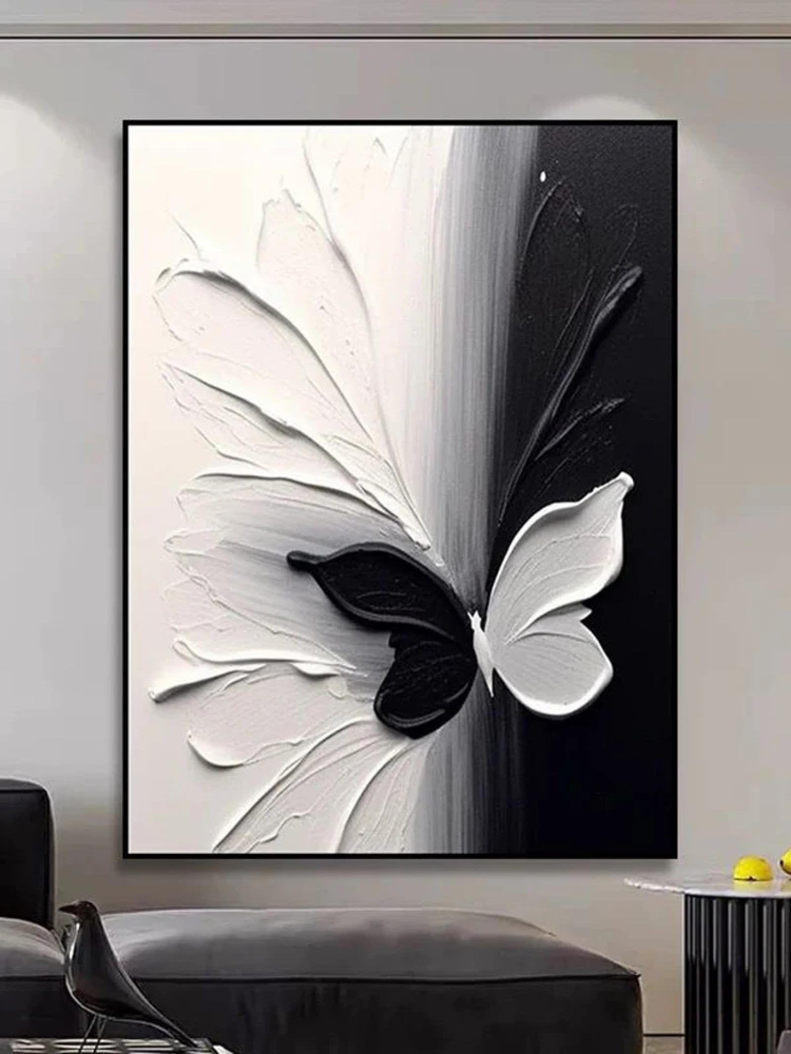Piękny obraz do dekoracji wnętrz, farba teksturowana, biały i czarny motyl, plakat ścienny do salonu, ramka 50x70cm