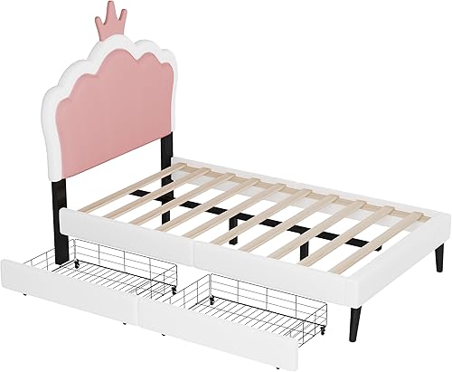 Miniatura 46 de Elegante cama de princesa tapizada de tamaño matrimonial con cabecera corona, plataforma de piel sintética con soporte resistente de listones para