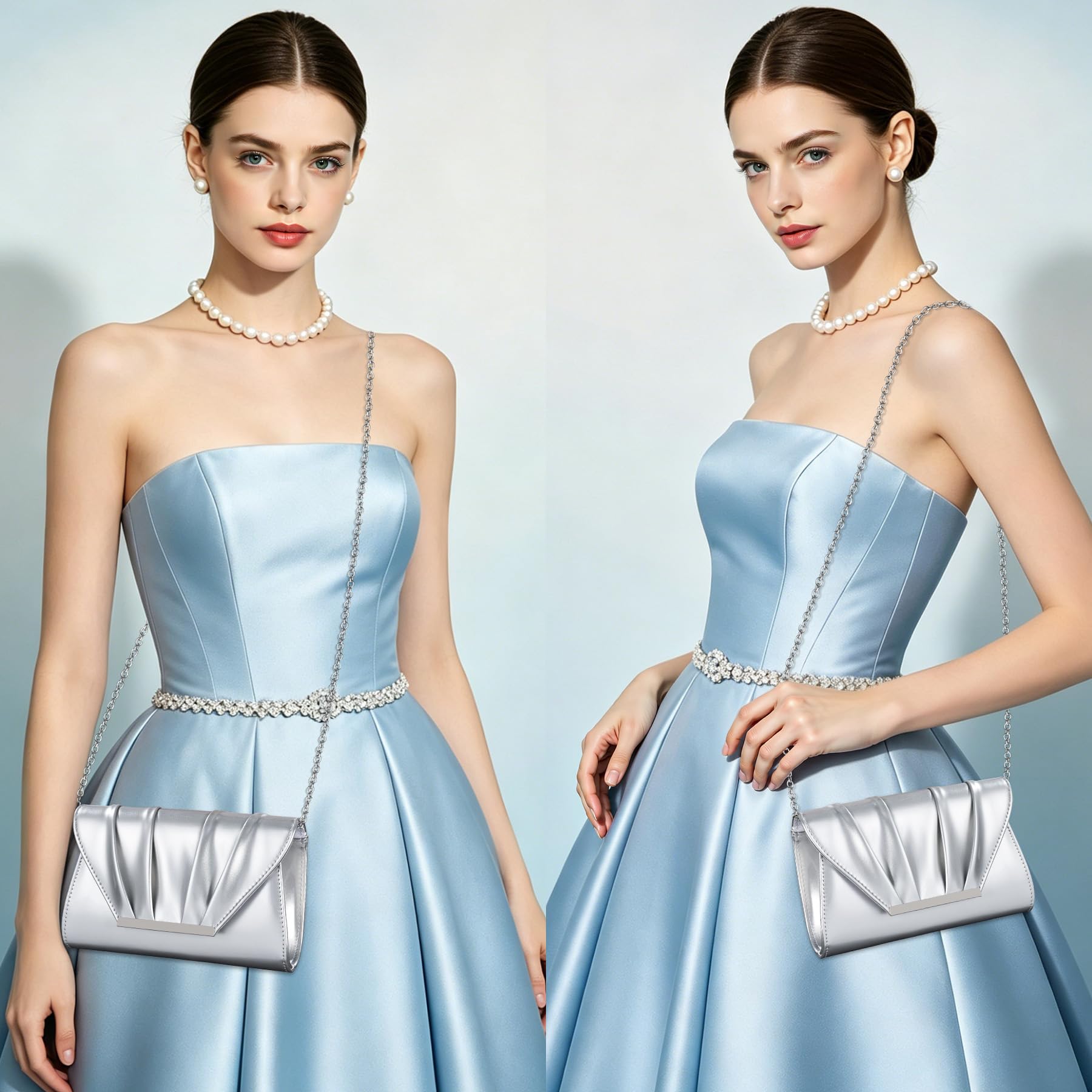 Pochettes et Clutches Femme, Métallisé Sac à Main Femme de Soirée en Cuir Verni, Enveloppe Plissé Pochette Mariage avec Chaîne, Élégant Sac Bandoulière pour Fête Cocktail Dîner
