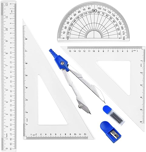 Coopay Juego de reglas de plástico para herramientas de geometría matemática de 12 pulgadas, incluye regla recta, regla triangular, transportador,