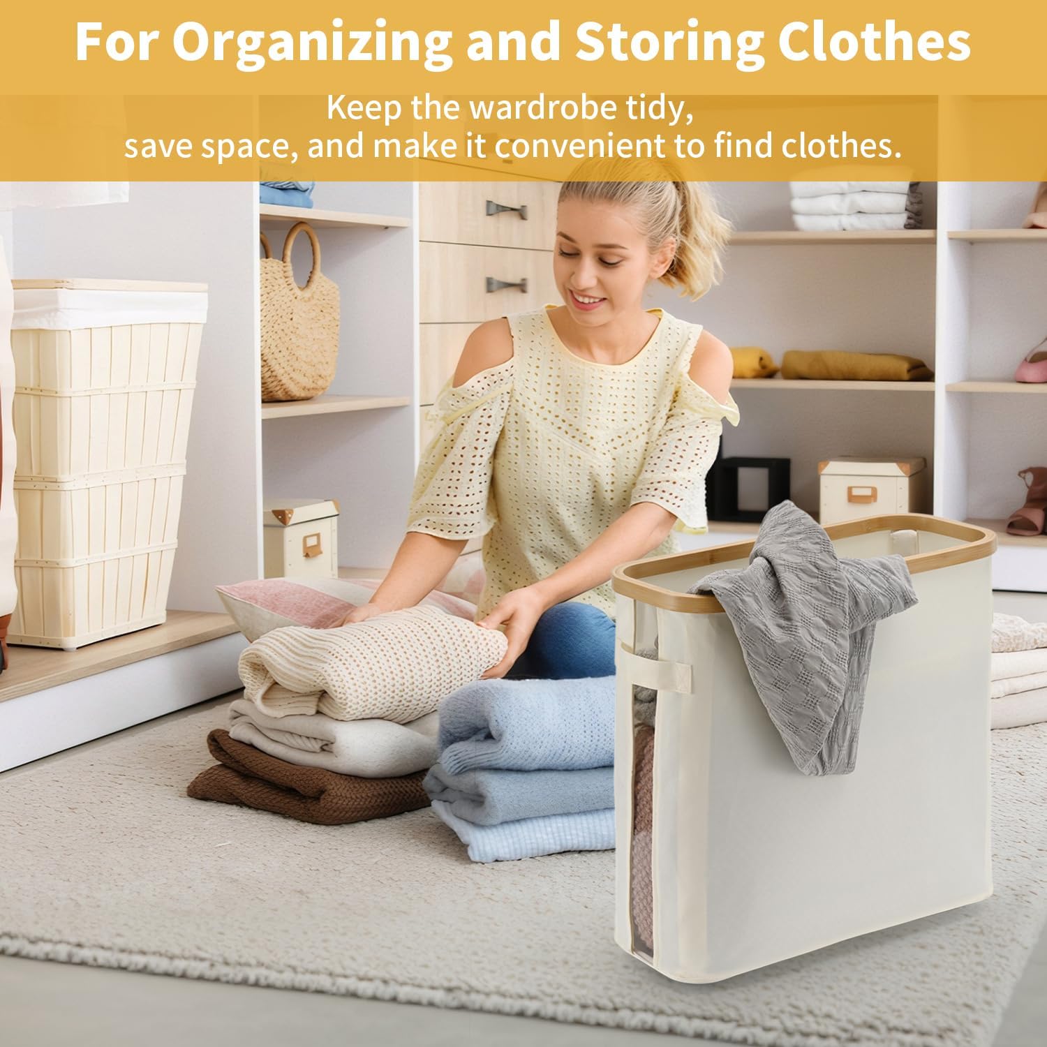 32L Bamboo Toilet Paper Storage Basket with Lid and Handle， Toilet Paper Organizer for Bathroom - Mega Capacity ， Collapsible Bathroom Toilet Paper Holder with Storage, Soft Beige，1 Pack