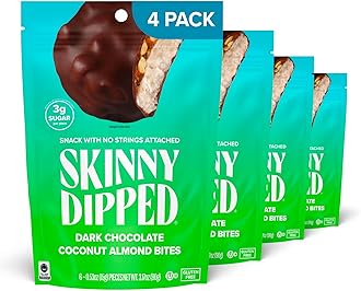 Dark Chocolate Coconut Almond Bites, Low Sugar Chocolate Coconut Bar, 3.17oz Resealable Bags, Pack of 4 (24 Bites Total)