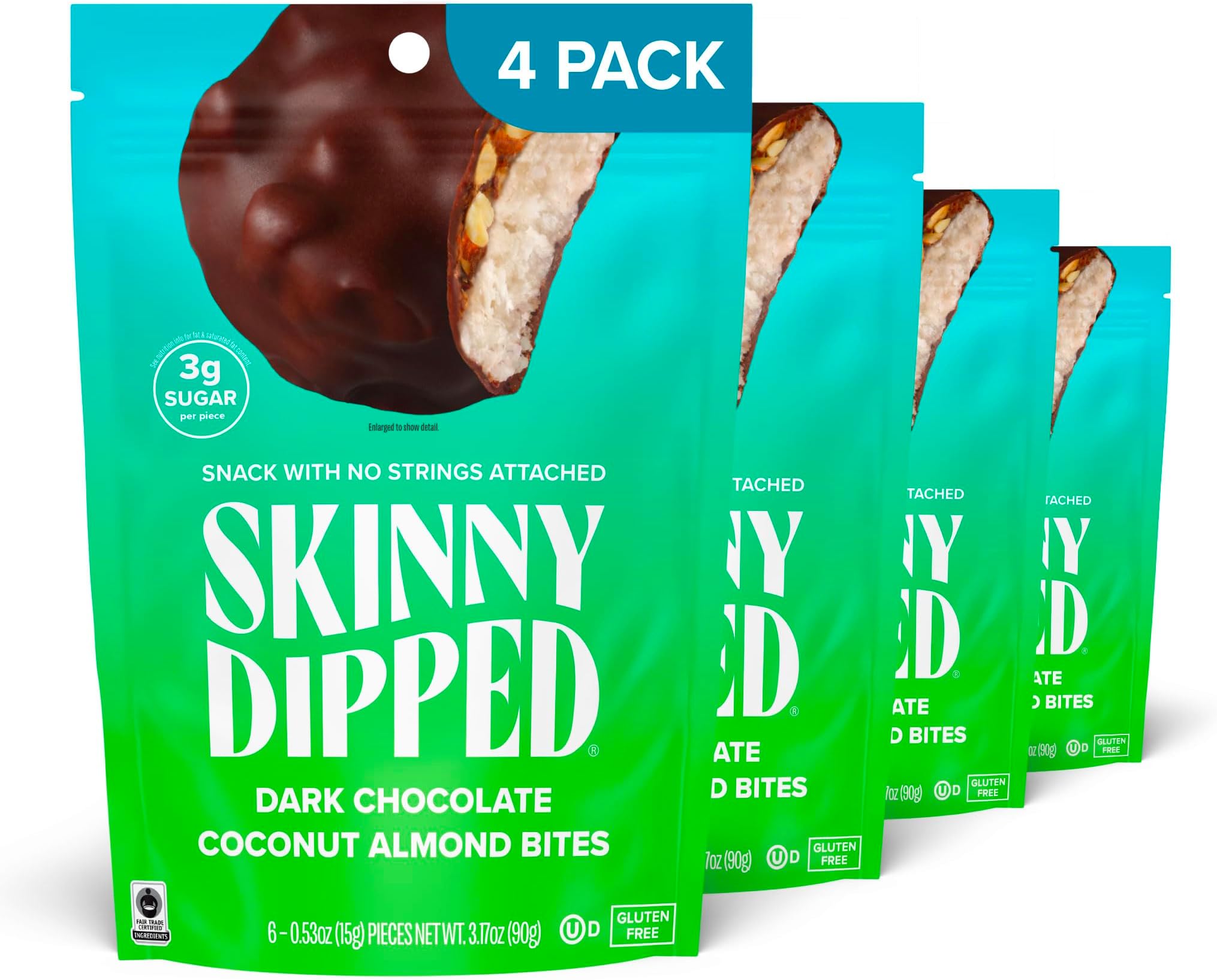 Dark Chocolate Coconut Almond Bites, Low Sugar Chocolate Coconut Bar, 3.17oz Resealable Bags, Pack of 4 (24 Bites Total)