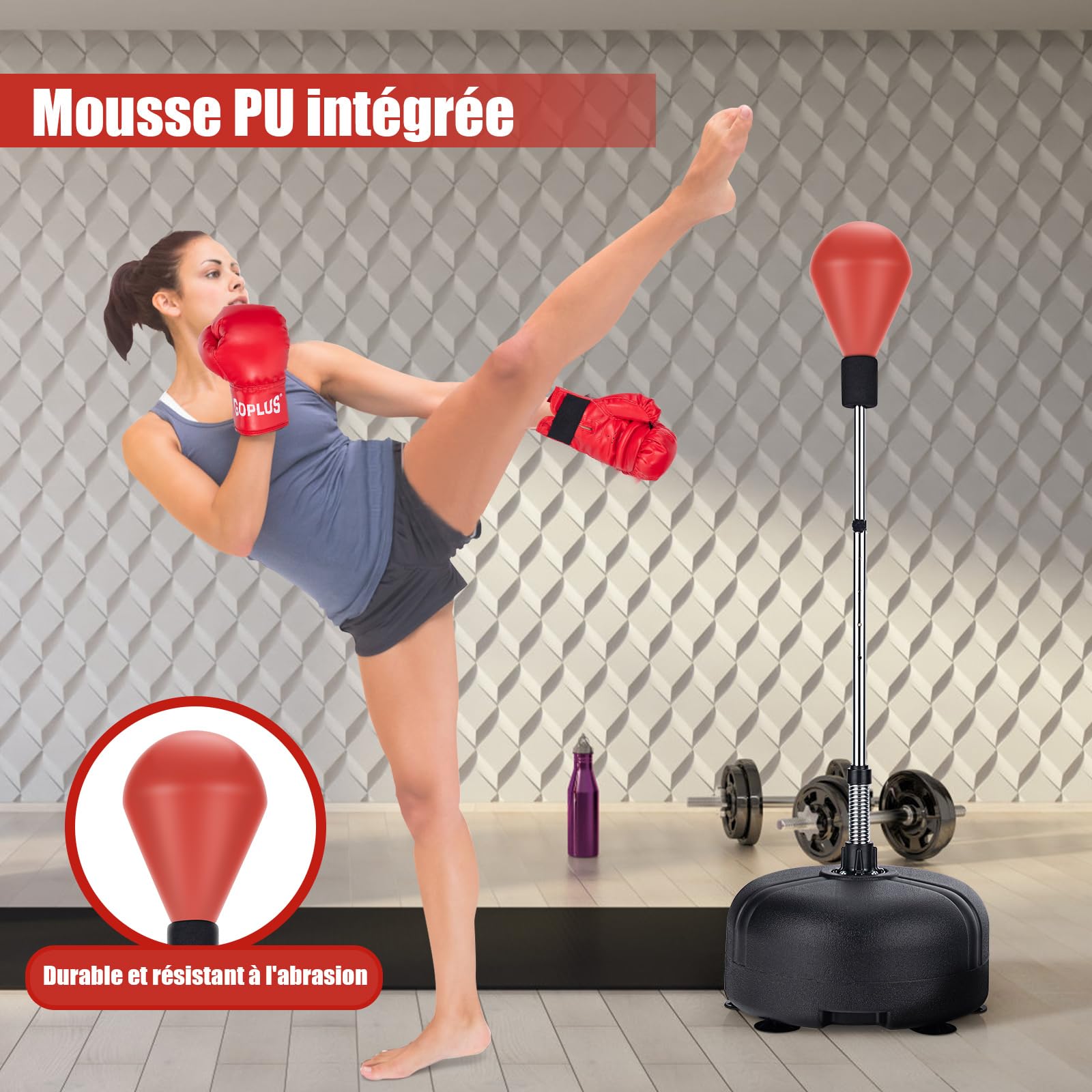 COSTWAY Punching Ball sur Pied Réglable avec Gants Sac de Frappe Boxe Base Lesté avec Ventouses