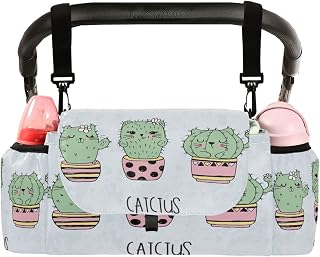 Cute Cat Cactus Universal Stroller Organizer with 2 Cup Holders, Hand Drawn Stroller Organizer Bag and Removable Shoulder Strap Fits Most Baby and Pet Strollers