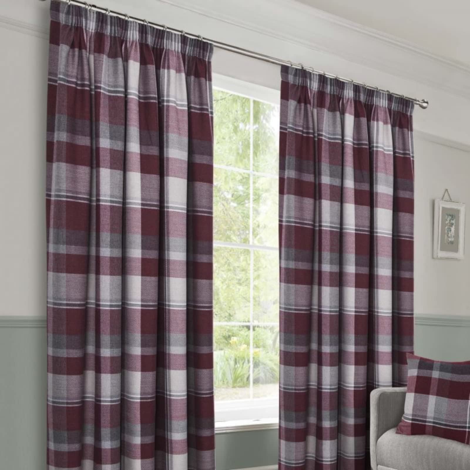 Kellyuk Braemar Wine Faux Wool Check/Checked Highland Tartan Tape Top Lined Curtains (Wine, 65" x 90", Pair)