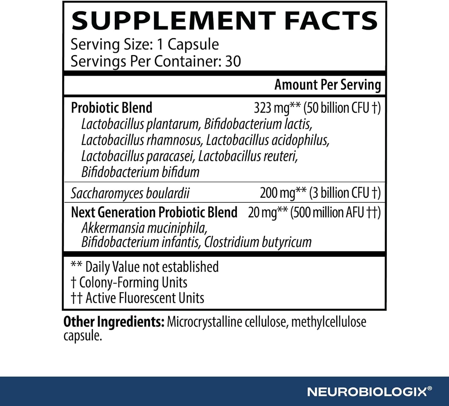 Neurobiologix Biotic Supreme 50, 50 Billion CFU Probiotics with Akkermansia, Saccharomyces boulardii Prebiotic, Supports Gut Flora, Microbial, Digestive & Immune Health, 30 Capsules