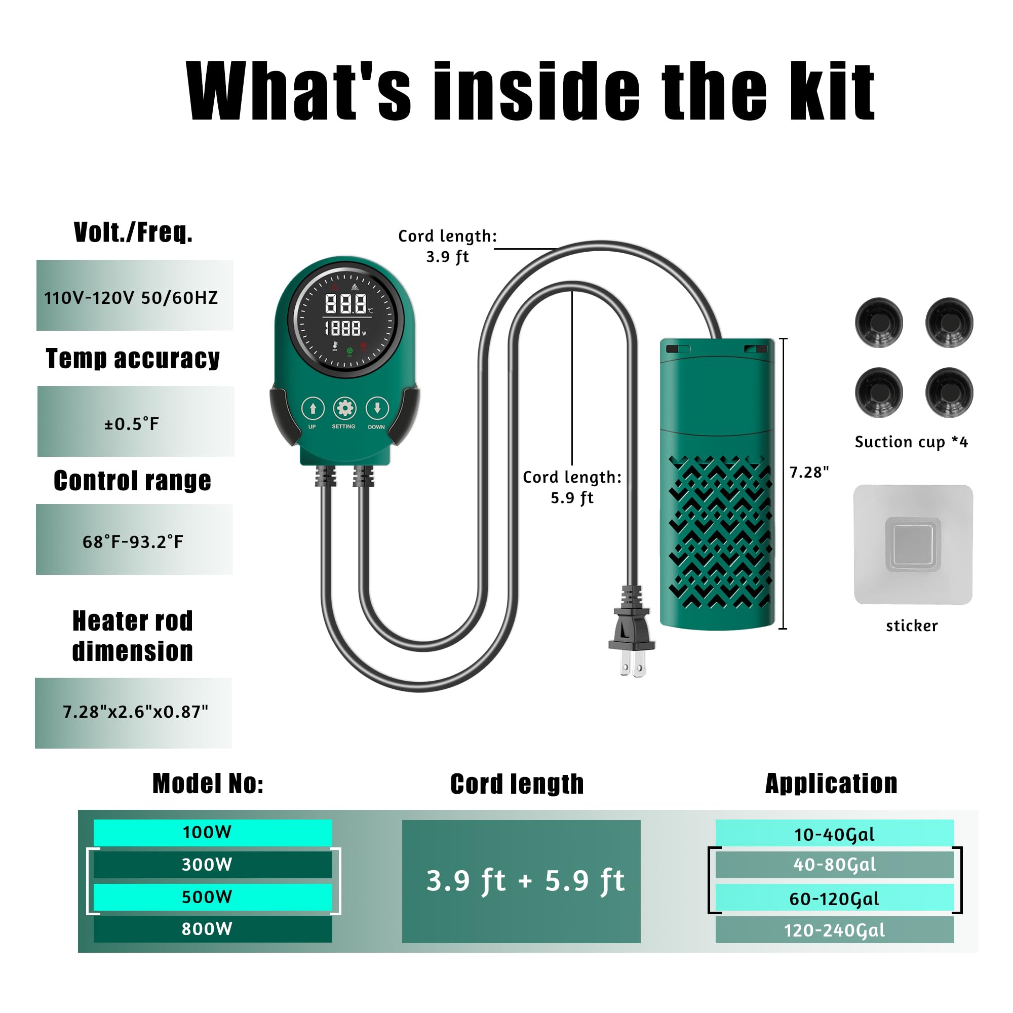 Calentador inteligente de acuario sumergible de 500 W con ahorro de energía de frecuencia variable, sondas dobles para dejar el agua automáticamente y detener automáticamente, tecnología PTC para