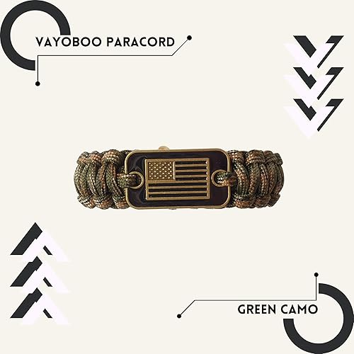 Miniatura 2 de Pulsera de paracaídas VAYOBOO - Pulsera táctica de supervivencia para hombres con bandera de EE. UU. de bronce - 3 tamaños ajustables - Camuflaje