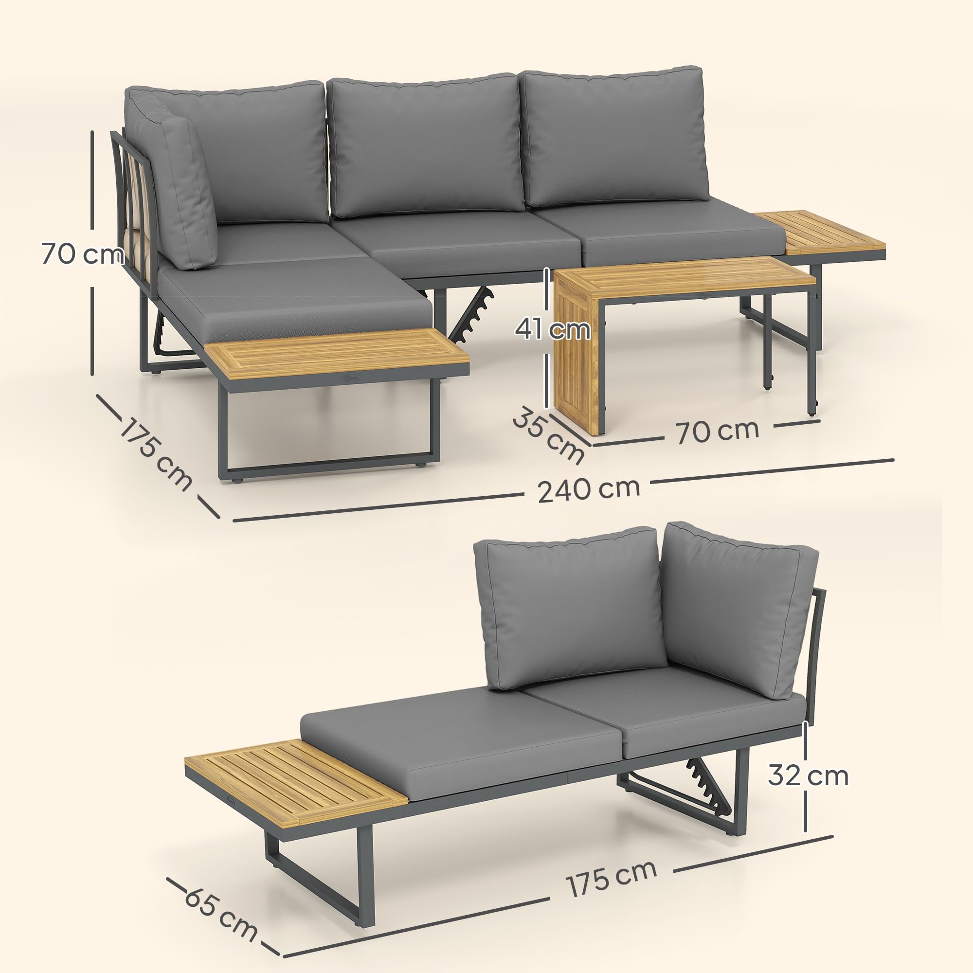 Outsunny Salon de Jardin extérieur d'angle 6 Places modulable en Bois d'acacia avec canapés et Table Basse, Dossier Ajustable, Coussins Inclus, chaises Longues pour terrasse Patio Jardin, Gris