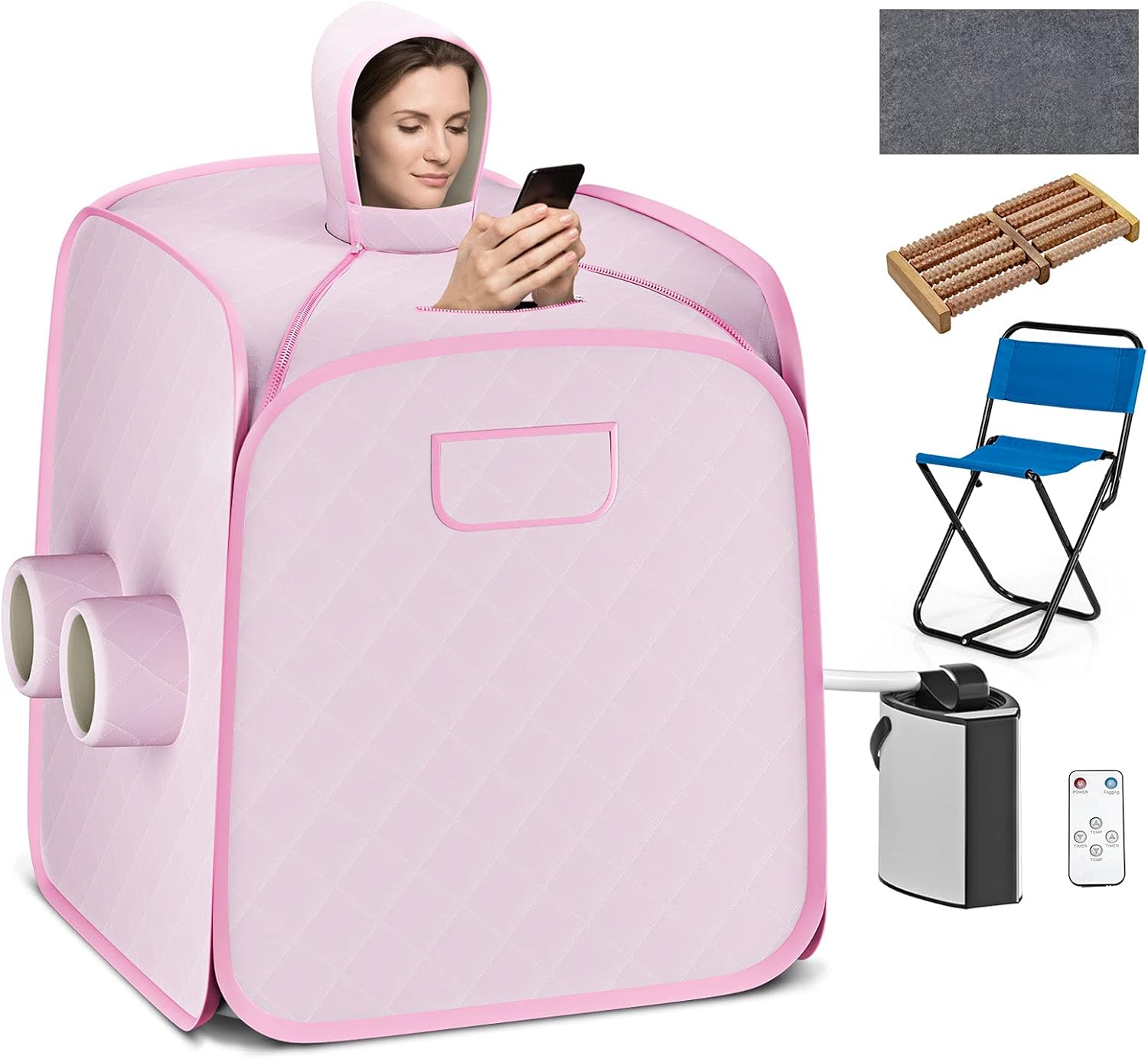 COSTWAY Portable Steam Sauna, Remote Control, 3L Steamer, Foldable Sauna Spa with 9 Temperature and 90 Mins Timer, Atomization, Personal Sauna Hat Tent for Detox Relaxation (Pink)
