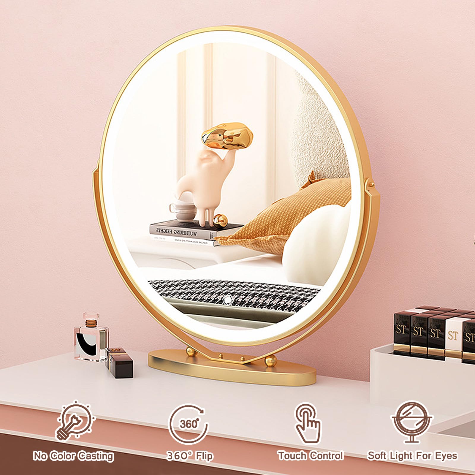 Specchio da trucco a LED con rotazione a 360° Touch dimmerabile, 3 colori gratuiti nding Vani illuminazione da tavolo - Specchio Lar per camera da letto e soggiorno amanti del Beau