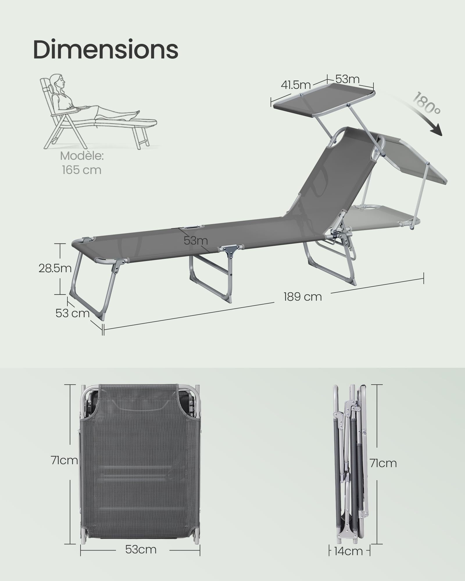 SONGMICS Chaise Longue Pliante, 189 x 53 x 28,5 cm, Transat Jardin Extérieur, Supporte 110 kg, Pare-Soleil et Dossier Réglables, pour Terrasse, Balcon, Gris GCB194GZ02