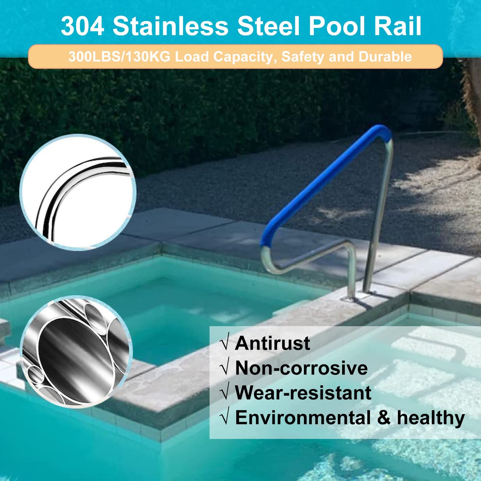 Pasamanos De Seguridad para Piscinas Barandillas para Piscinas, Pasamanos para Piscinas De Acero Inoxidable 304, Baranda De Piscina para Entradas Inclinadas Y Spas (Size : 1 Pack)