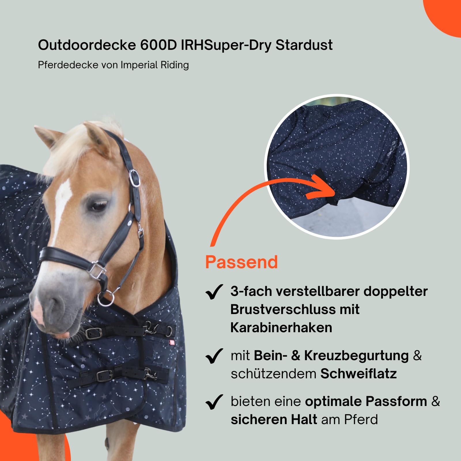 Imperial Riding - Outdoordecke 600D IRHSuper-Dry Stardust – als Regendecke, Übergangsdecke & Winterdecke – wasserdichte Weidedecke mit Fleece-Futter – Pferdedecke in Schwarz – 125cm