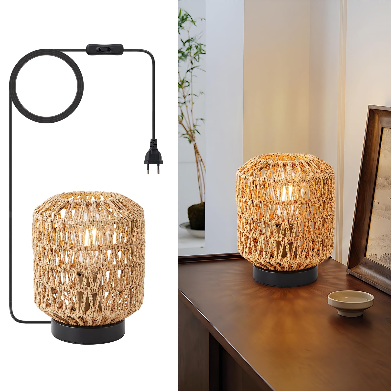 WILON Tisch Lampe, Rattan Tischlampe Kleine, Tischlampe mit Stecker, E27 Schreibtischlampe Retro, Handgewebte Lampenschirme, Nachtlicht Lampe für Schalfzimmer Kinderzimmer, Esszimmer, Hochzeit