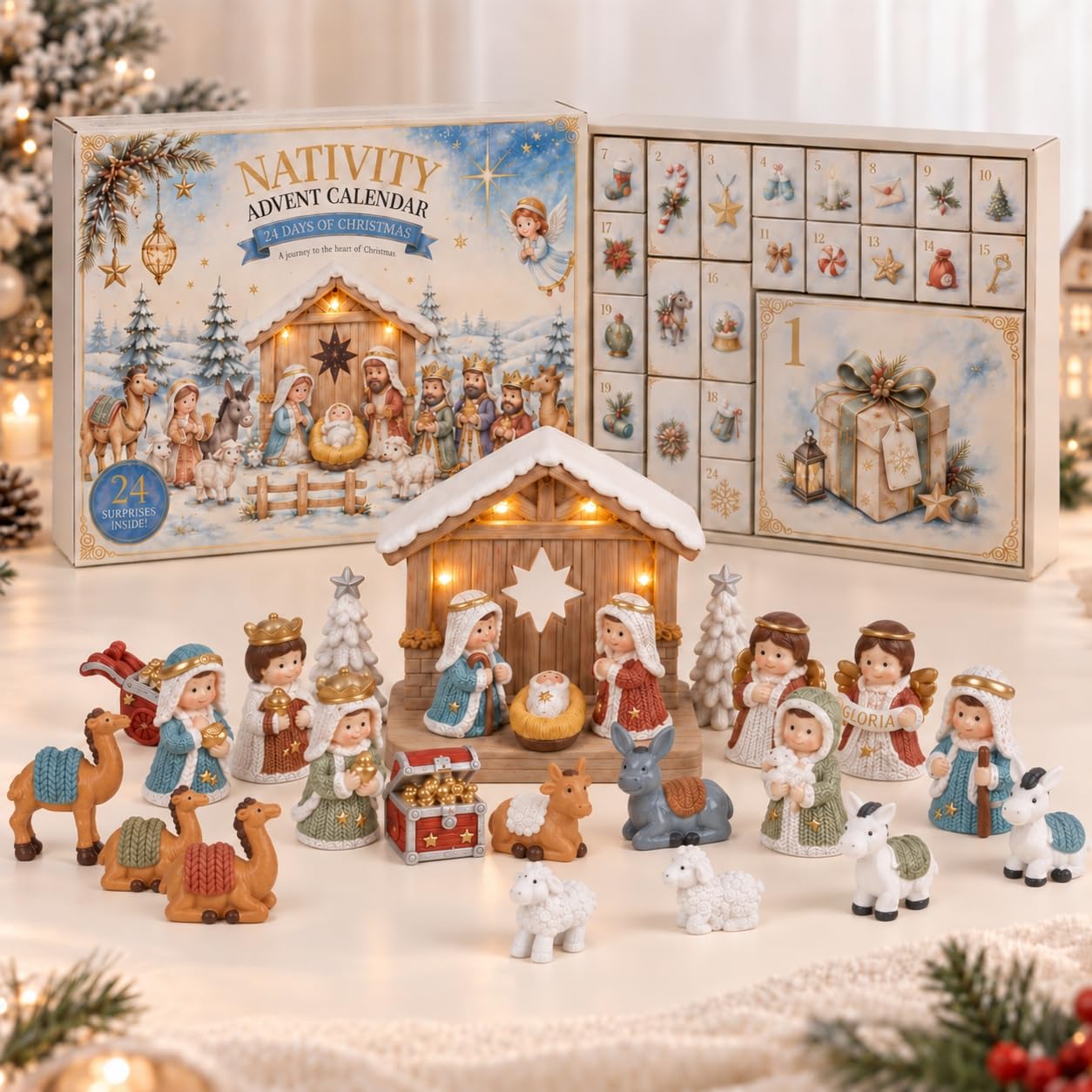 Nativity Advent Calendar 2026 for Kids - Cozy Knit 24 Days of Nativity Set for Kids with LED Lights - Toddler Advent Calendar for Boys & Girls - Christmas Countdown Calendar Gifts for Children