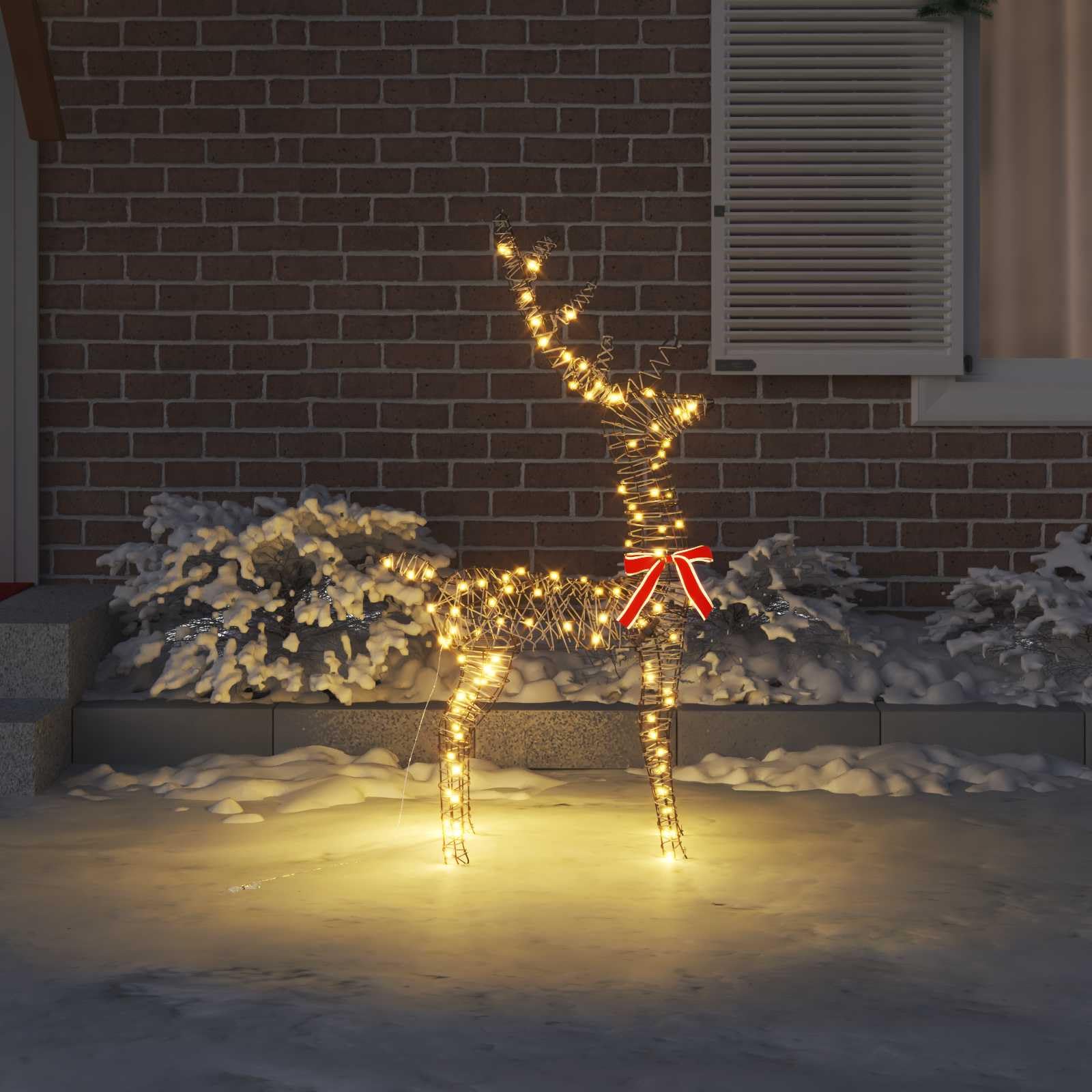 3D Rentier mit 140 LEDs warmweiß, Rattan Weihnachtsdeko für Wohnzimmer, 70 x 41 x 128 cm, USB Betrieb, wetterbeständig, mit rotem Bogen, für festliche Dekoration